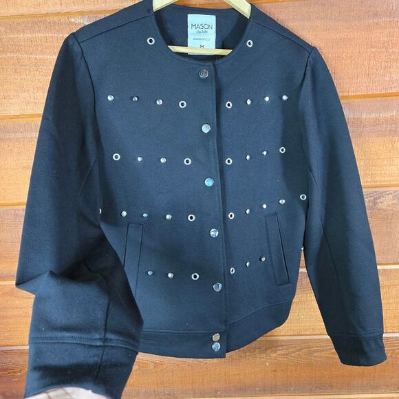 Mason by Suko Women Black Studded Bomber Jacket M Canadian Goth Punk Moto Baddie - Picture 3 of 12